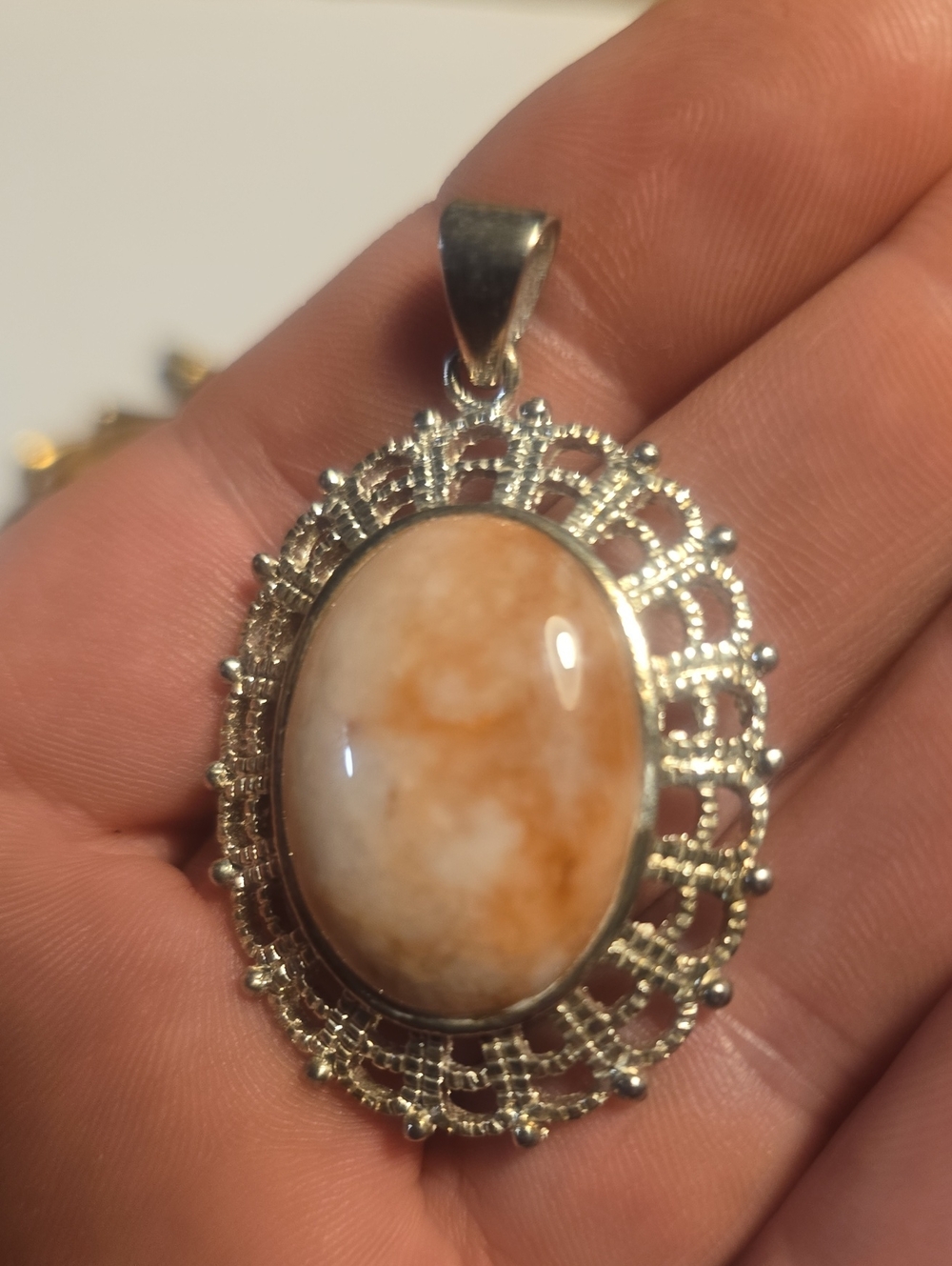 Handcrafted Orange and White Stone Filigree Pendant - Women's Jewelry